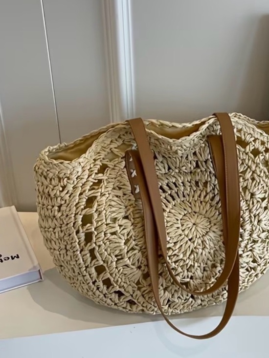 Handbags - NEW Woven Round Straw Tote Bag with Tan Handles